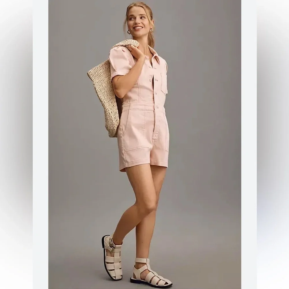 ANTHROPOLOGIE PILCRO PUFF SLEEVE PETAL PINK BUTTON FRONT ROMPER SIZE 8 - Picture 3 of 10